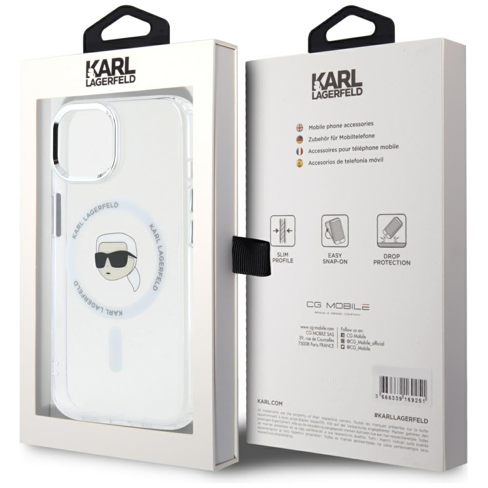 Husa MagSafe pentru Apple iPhone 15 Plus, Karl Lagerfeld, IML Metal Karl's Head, Alba