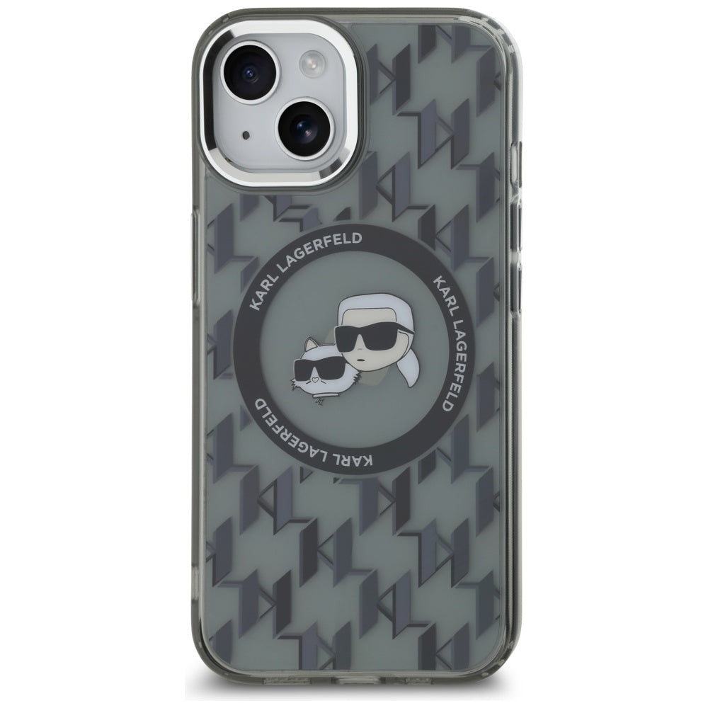 Husa MagSafe pentru Apple iPhone 15 Plus, Karl Lagerfeld, IML Monogram Karl & Choupette's Heads, Neagra