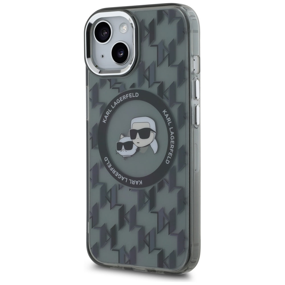 Husa MagSafe pentru Apple iPhone 15 Plus, Karl Lagerfeld, IML Monogram Karl & Choupette's Heads, Neagra