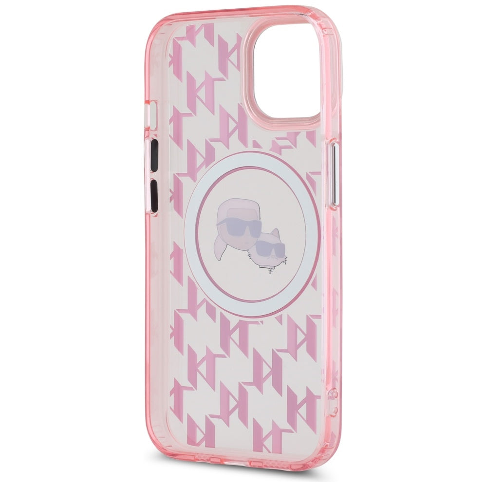 Husa MagSafe pentru Apple iPhone 15 Plus, Karl Lagerfeld, IML Monogram Karl & Choupette's Heads, Roz