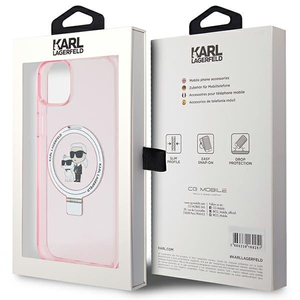 Husa MagSafe pentru Apple iPhone 15 Plus, Karl Lagerfeld, Ring Stand Karl & Choupette, Roz