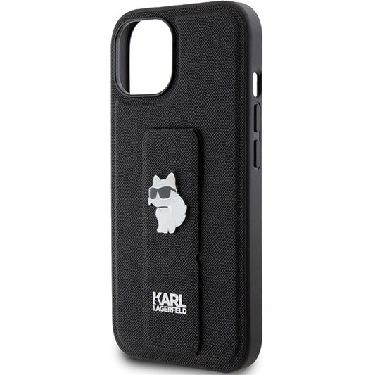 Husa MagSafe pentru Apple iPhone 15 Plus, Karl Lagerfeld, Saffiano Gripstand Choupette, Neagra