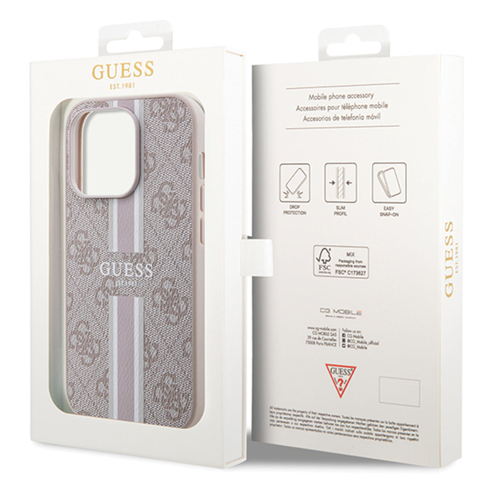 Husa MagSafe pentru Apple iPhone 15 Pro, Guess, 4G Printed Stripes, Roz