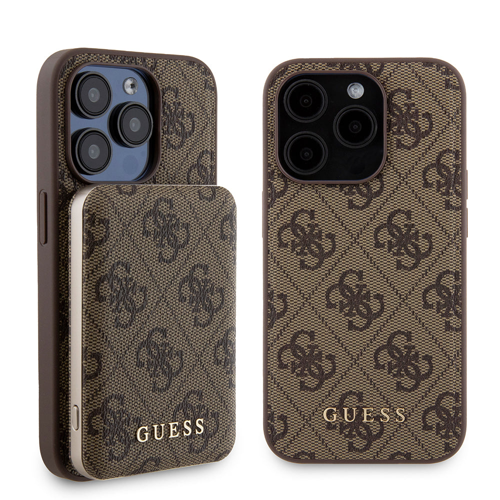 Husa MagSafe pentru Apple iPhone 15 Pro, Guess, Powerbank 4G Metal Logo, Maro