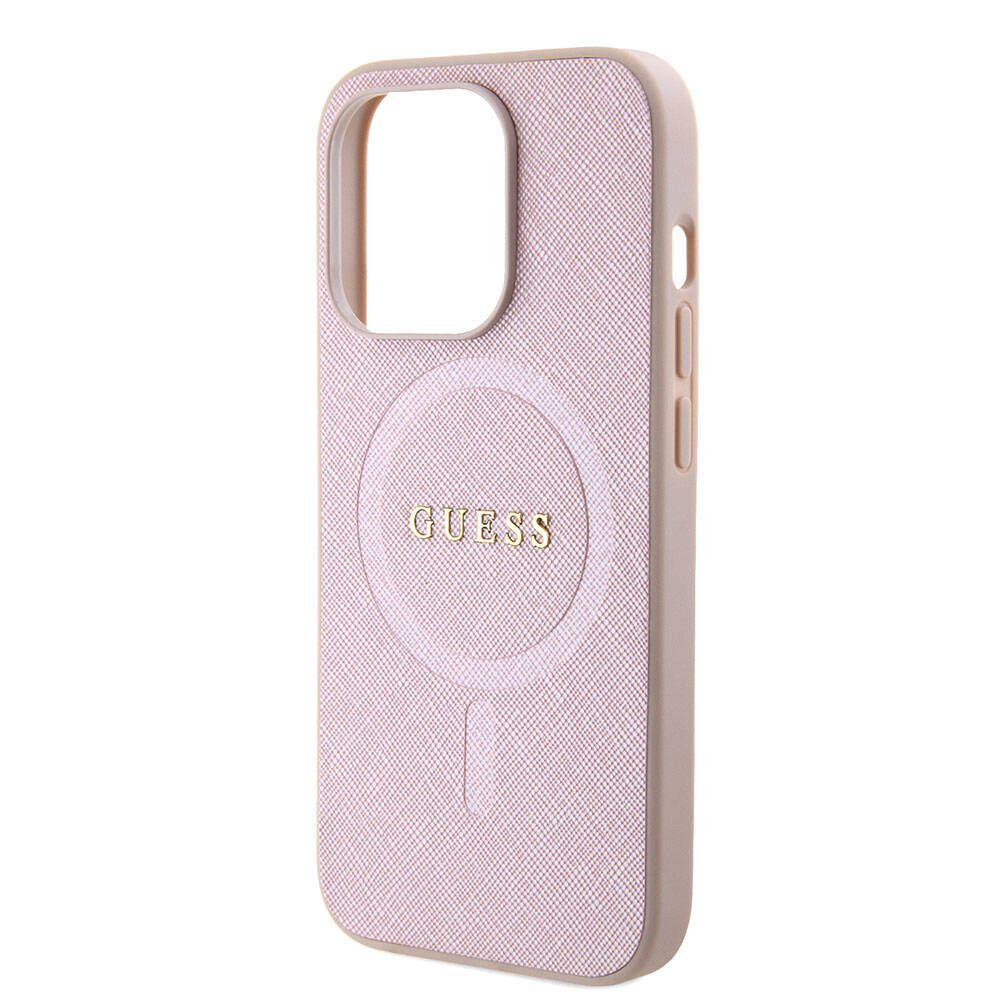 Husa MagSafe pentru Apple iPhone 15 Pro, Guess, Saffiano, Roz