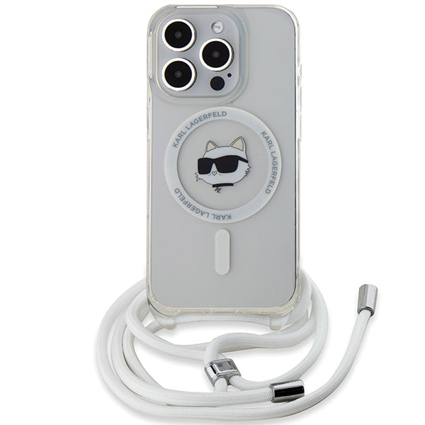 Husa MagSafe pentru Apple iPhone 15 Pro, Karl Lagerfeld, IML Crossbody Choupette's Head with Strap, Transparenta