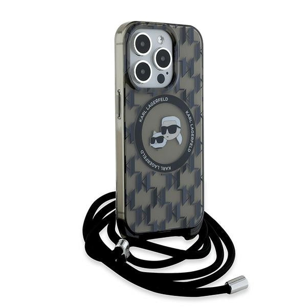 Husa MagSafe pentru Apple iPhone 15 Pro, Karl Lagerfeld, IML Crossbody Monogram Karl & Choupette's Heads, Neagra