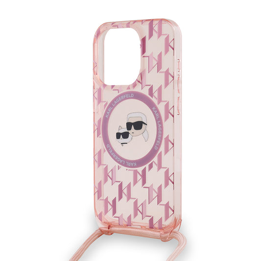 Husa MagSafe pentru Apple iPhone 15 Pro, Karl Lagerfeld, IML Crossbody Monogram Karl & Choupette's Heads, Roz