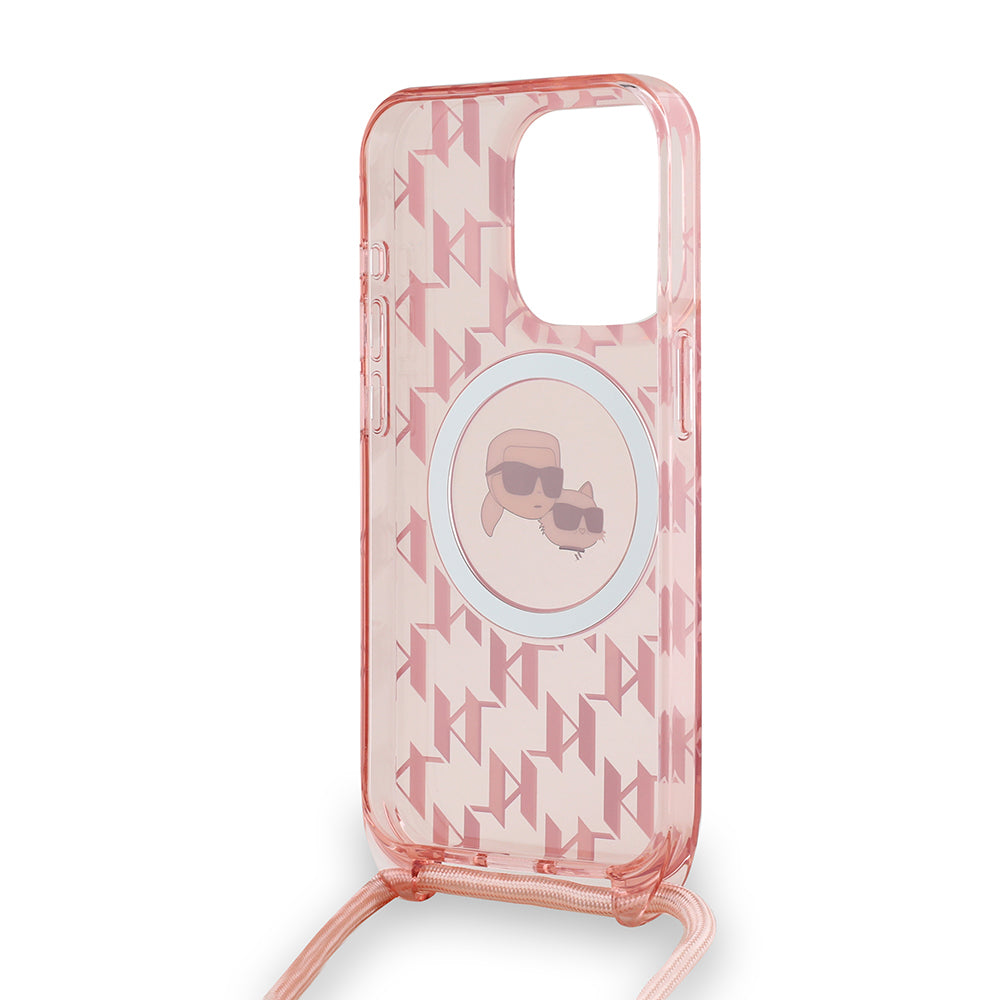 Husa MagSafe pentru Apple iPhone 15 Pro, Karl Lagerfeld, IML Crossbody Monogram Karl & Choupette's Heads, Roz