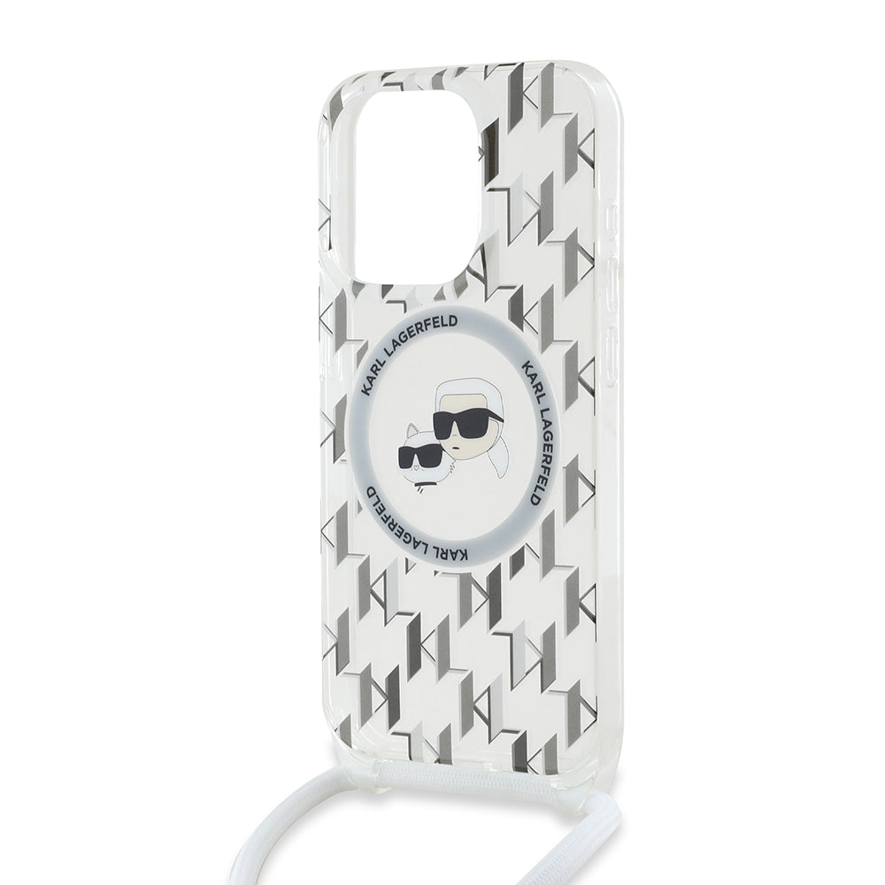 Husa MagSafe pentru Apple iPhone 15 Pro, Karl Lagerfeld, IML Crossbody Monogram Karl & Choupette's Heads, Transparenta