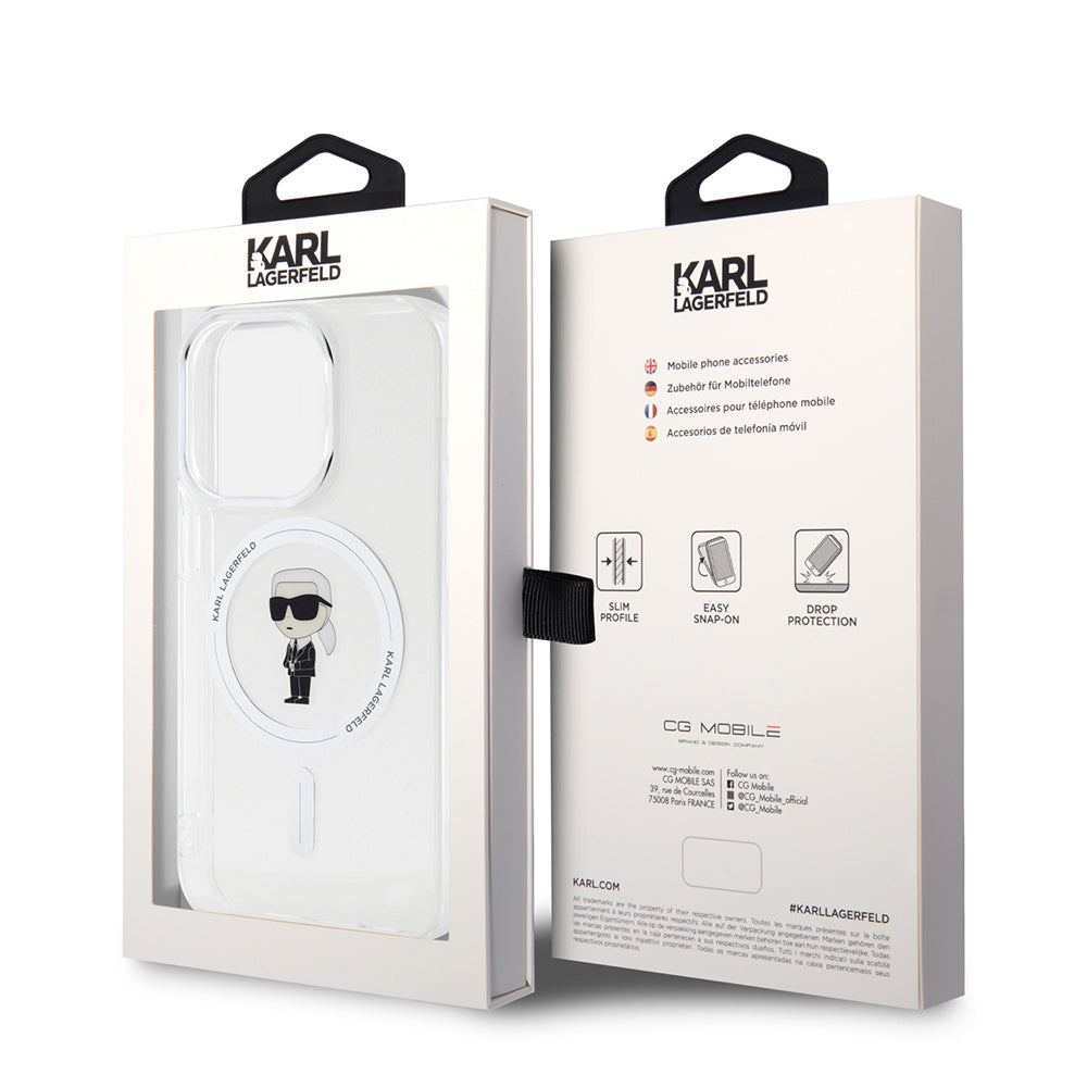 Husa MagSafe pentru Apple iPhone 15 Pro, Karl Lagerfeld, IML Ikonik Karl, Transparenta