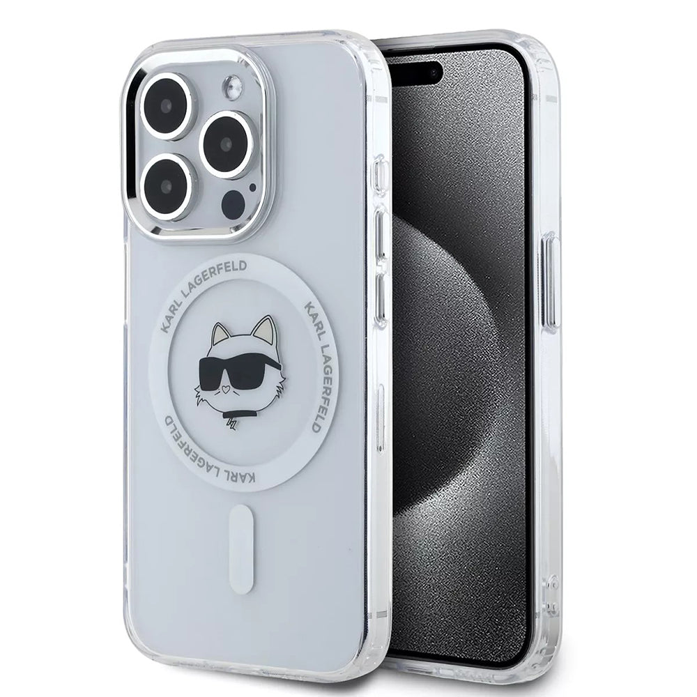 Husa MagSafe pentru Apple iPhone 15 Pro, Karl Lagerfeld, IML Metal Choupette's Head, Alba