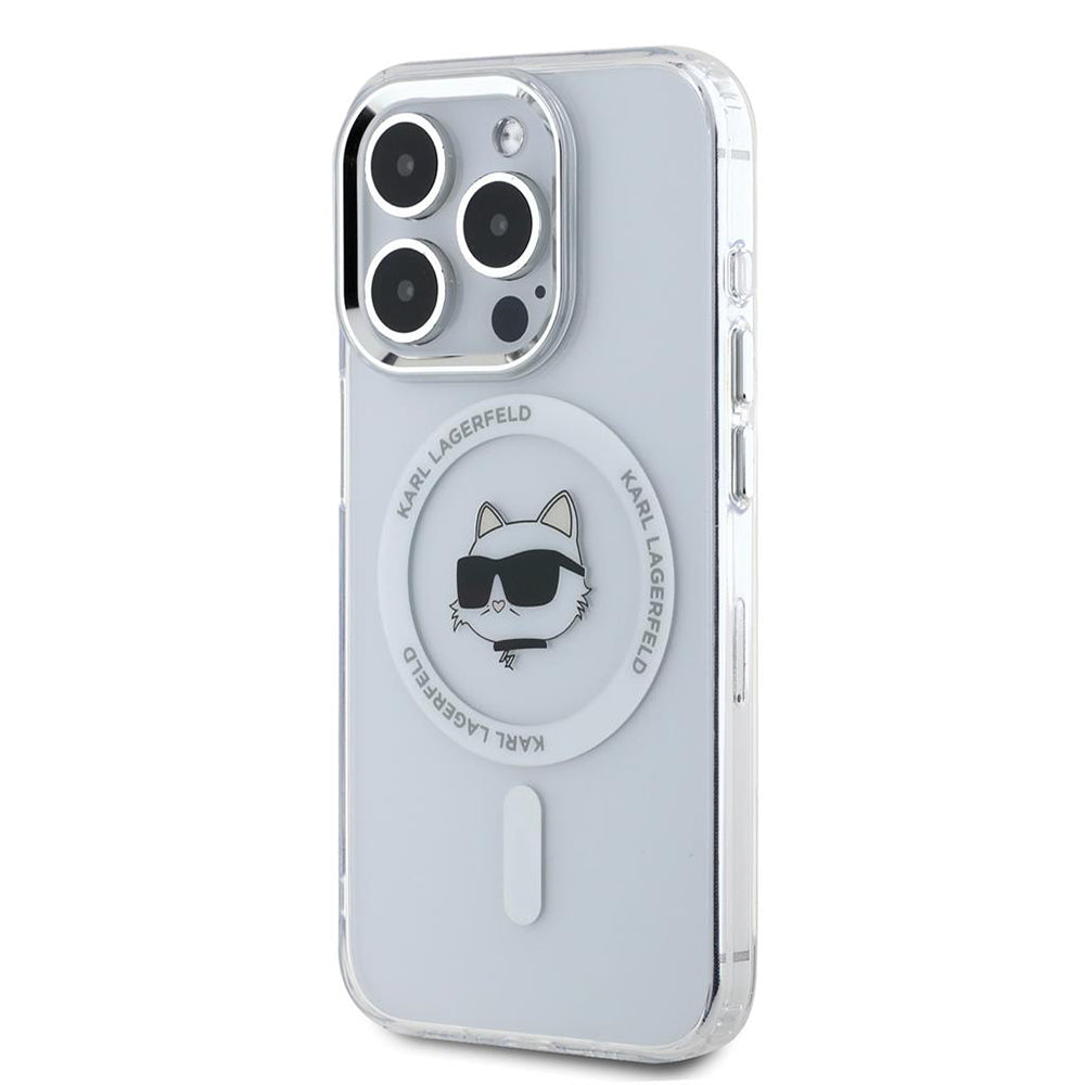 Husa MagSafe pentru Apple iPhone 15 Pro, Karl Lagerfeld, IML Metal Choupette's Head, Alba