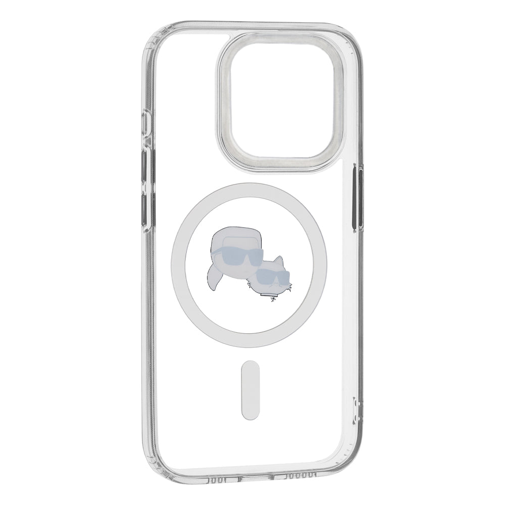 Husa MagSafe pentru Apple iPhone 15 Pro, Karl Lagerfeld, IML Metal Karl & Choupette's Heads, Alba