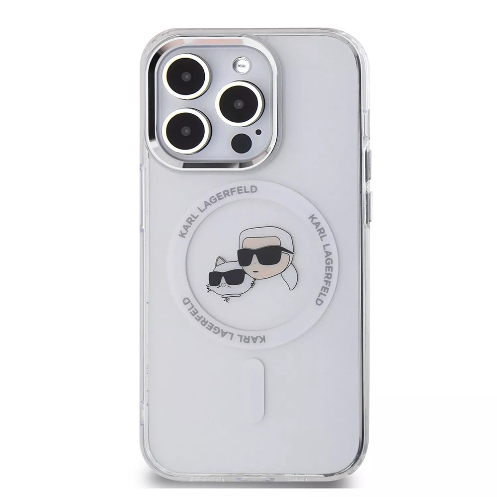 Husa MagSafe pentru Apple iPhone 15 Pro, Karl Lagerfeld, IML Metal Karl & Choupette's Heads, Alba