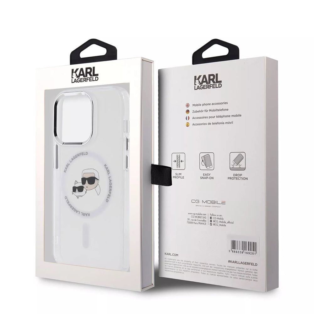 Husa MagSafe pentru Apple iPhone 15 Pro, Karl Lagerfeld, IML Metal Karl & Choupette's Heads, Alba