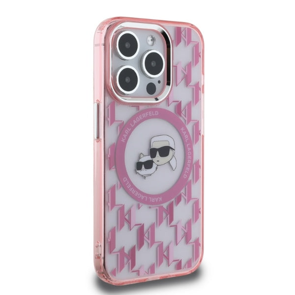 Husa MagSafe pentru Apple iPhone 15 Pro, Karl Lagerfeld, IML Monogram Karl & Choupette's Heads, Roz