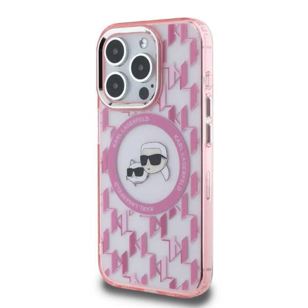 Husa MagSafe pentru Apple iPhone 15 Pro, Karl Lagerfeld, IML Monogram Karl & Choupette's Heads, Roz