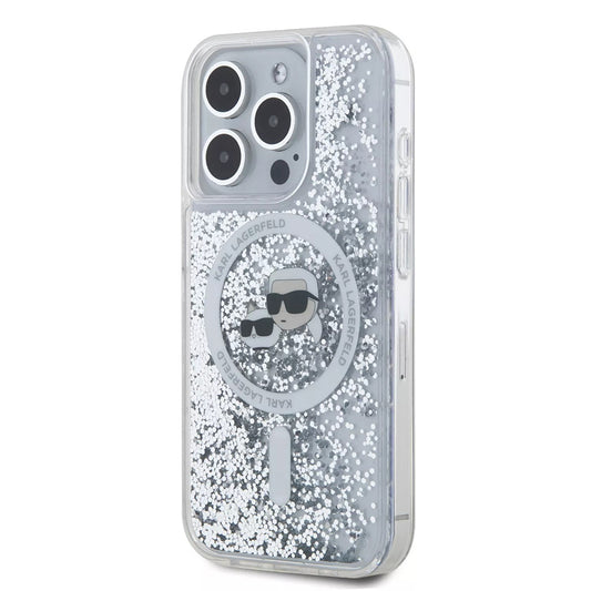Husa MagSafe pentru Apple iPhone 15 Pro, Karl Lagerfeld, Liquid Glitter Karl & Choupette's Heads, Transparenta