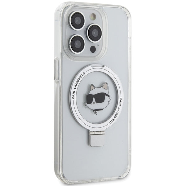 Husa MagSafe pentru Apple iPhone 15 Pro, Karl Lagerfeld, Ring Stand Choupette's Head, Alba