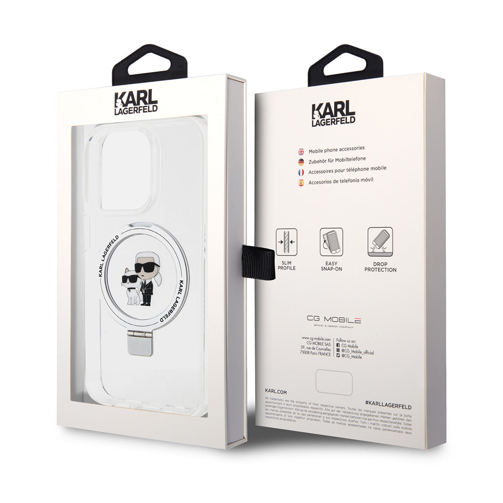 Husa MagSafe pentru Apple iPhone 15 Pro, Karl Lagerfeld, Ring Stand Karl & Choupette, Alba