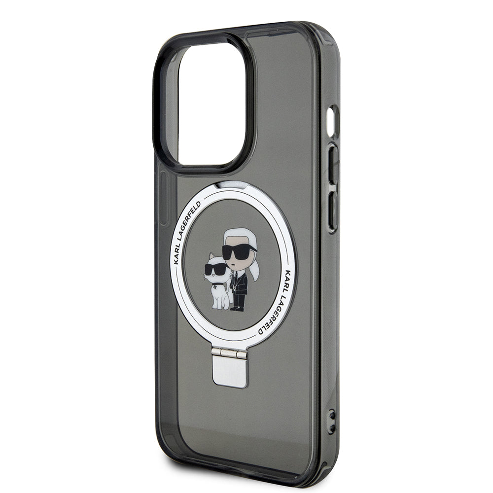 Husa MagSafe pentru Apple iPhone 15 Pro, Karl Lagerfeld, Ring Stand Karl & Choupette, Neagra