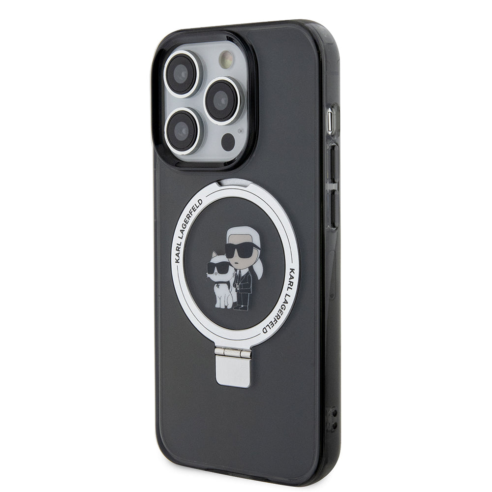 Husa MagSafe pentru Apple iPhone 15 Pro, Karl Lagerfeld, Ring Stand Karl & Choupette, Neagra