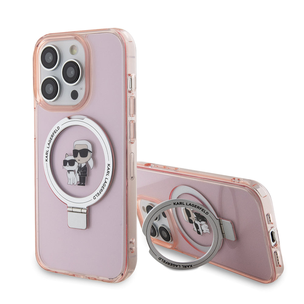 Husa MagSafe pentru Apple iPhone 15 Pro, Karl Lagerfeld, Ring Stand Karl & Choupette, Roz
