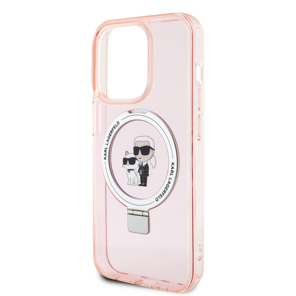 Husa MagSafe pentru Apple iPhone 15 Pro, Karl Lagerfeld, Ring Stand Karl & Choupette, Roz