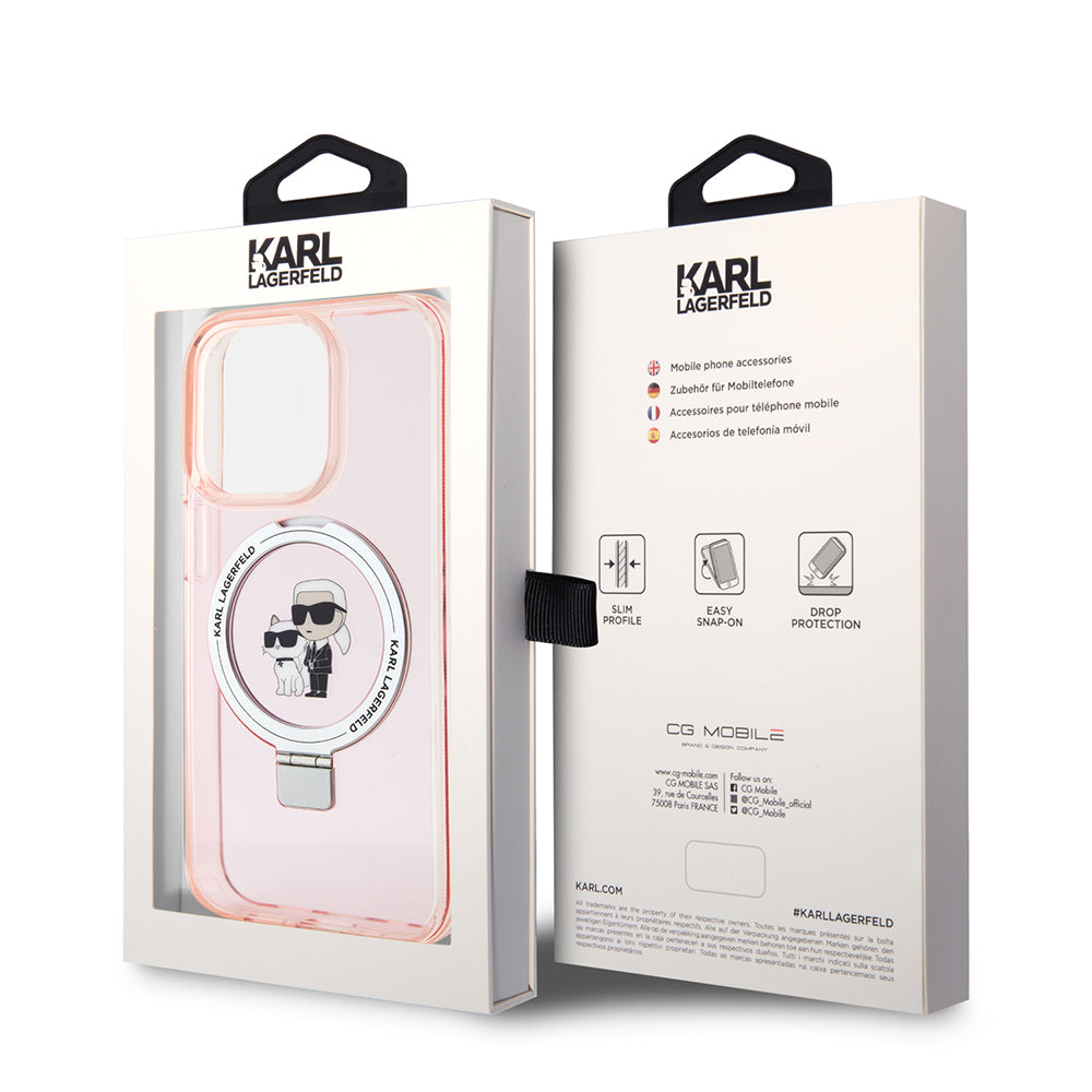 Husa MagSafe pentru Apple iPhone 15 Pro, Karl Lagerfeld, Ring Stand Karl & Choupette, Roz