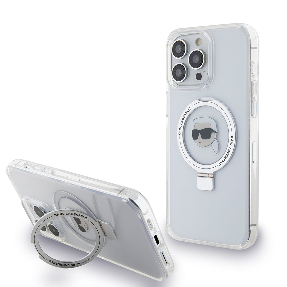 Husa MagSafe pentru Apple iPhone 15 Pro, Karl Lagerfeld, Ring Stand Karl's Head, Alba