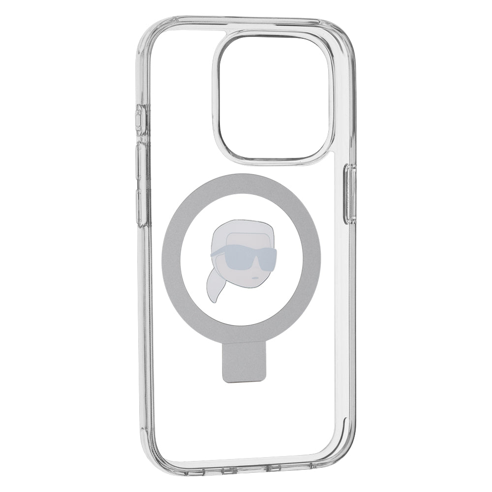 Husa MagSafe pentru Apple iPhone 15 Pro, Karl Lagerfeld, Ring Stand Karl's Head, Alba