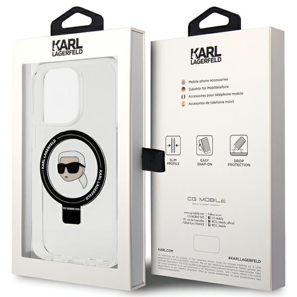 Husa MagSafe pentru Apple iPhone 15 Pro, Karl Lagerfeld, Ring Stand Karl's Head, Alba