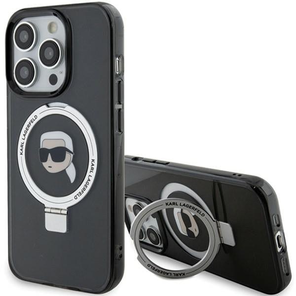 Husa MagSafe pentru Apple iPhone 15 Pro, Karl Lagerfeld, Ring Stand Karl's Head, Neagra