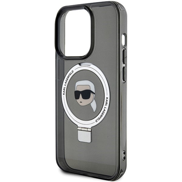 Husa MagSafe pentru Apple iPhone 15 Pro, Karl Lagerfeld, Ring Stand Karl's Head, Neagra