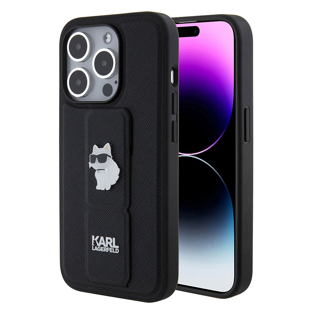 Husa MagSafe pentru Apple iPhone 15 Pro, Karl Lagerfeld, Saffiano Gripstand Choupette, Neagra