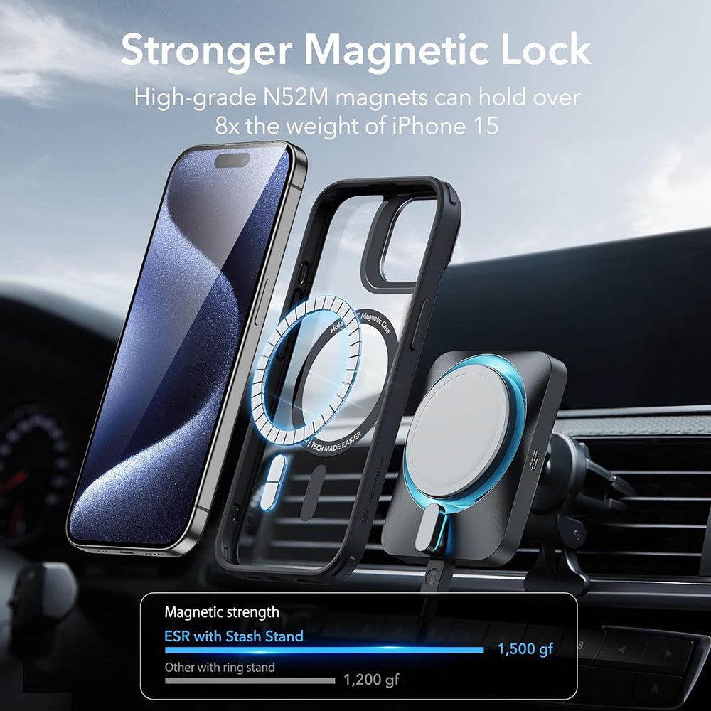 Husa MagSafe pentru Apple iPhone 15 Pro Max, ESR, Classic Hybrid Kickstand, Neagra Transparenta