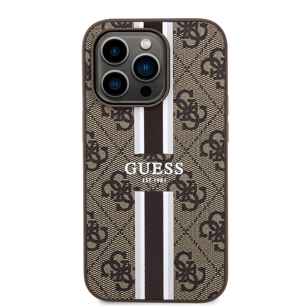 Husa MagSafe pentru Apple iPhone 15 Pro Max, Guess, 4G Printed Stripes, Maro