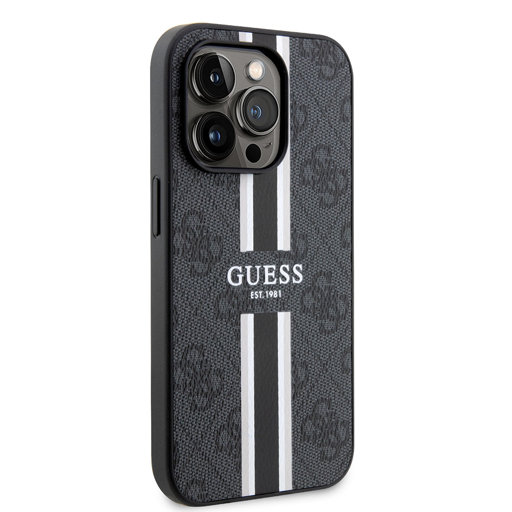 Husa MagSafe pentru Apple iPhone 15 Pro Max, Guess, 4G Printed Stripes, Neagra
