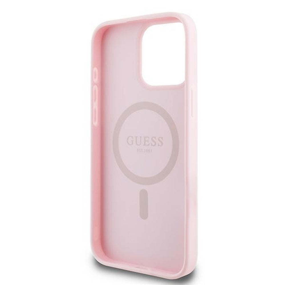 Husa MagSafe pentru Apple iPhone 15 Pro Max, Guess, Grained Gold Ring, Roz
