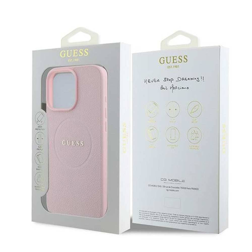 Husa MagSafe pentru Apple iPhone 15 Pro Max, Guess, Grained Gold Ring, Roz