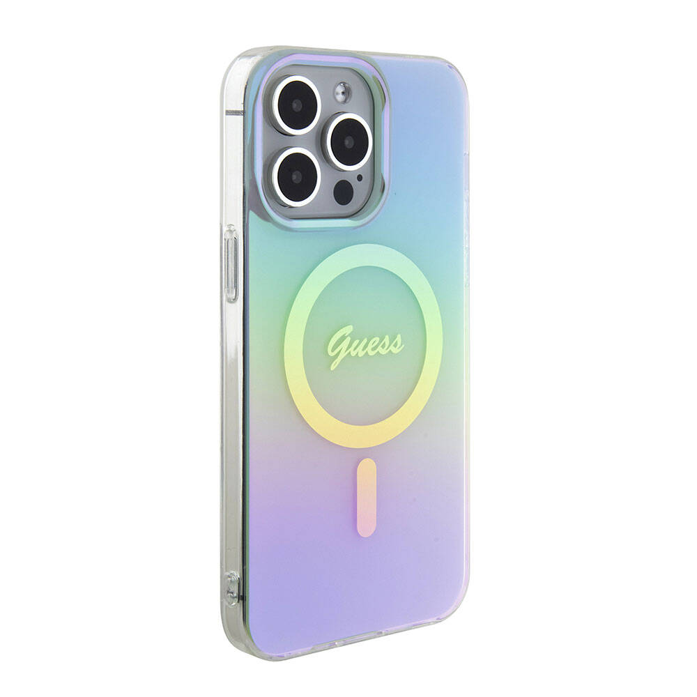 Husa MagSafe pentru Apple iPhone 15 Pro Max, Guess, IML Iridescent, Turcoaz