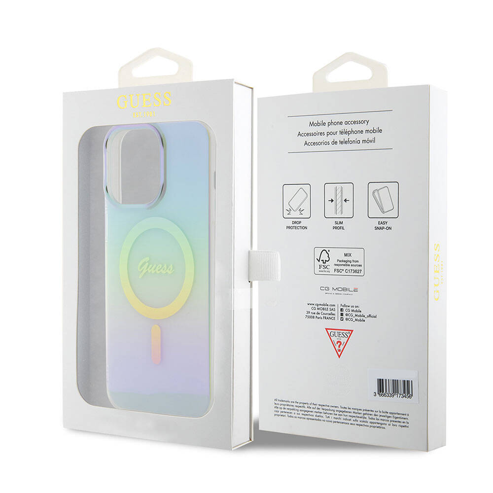 Husa MagSafe pentru Apple iPhone 15 Pro Max, Guess, IML Iridescent, Turcoaz