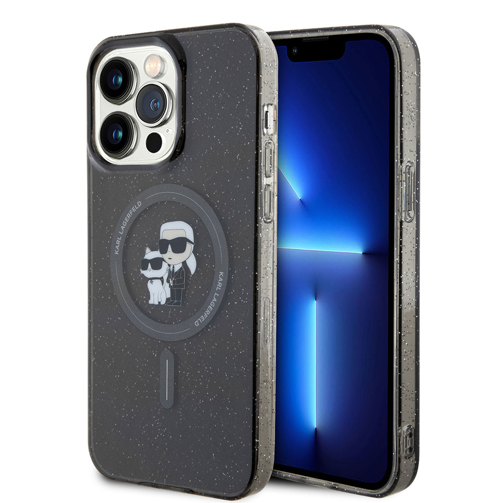 Husa MagSafe pentru Apple iPhone 15 Pro Max, Karl Lagerfeld, Glitter Karl & Choupette, Neagra