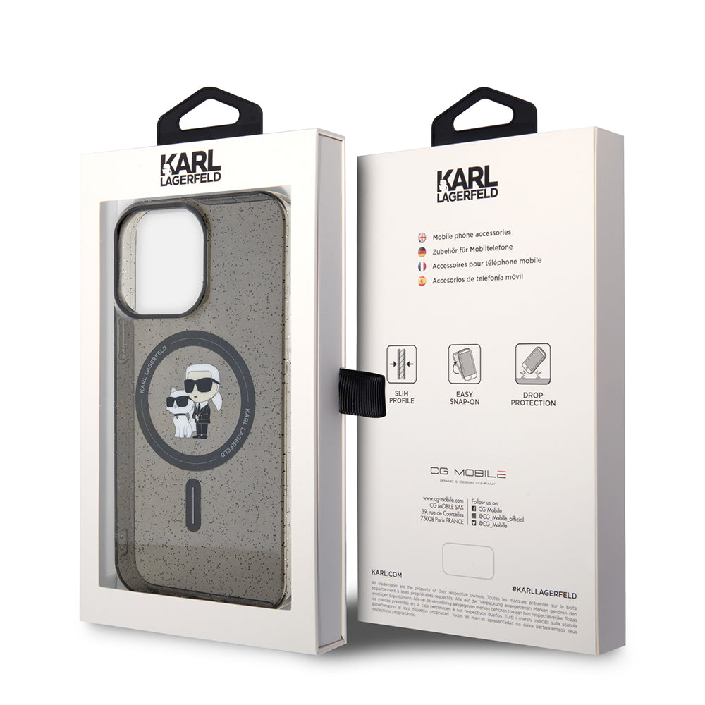 Husa MagSafe pentru Apple iPhone 15 Pro Max, Karl Lagerfeld, Glitter Karl & Choupette, Neagra