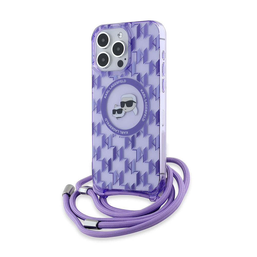 Husa MagSafe pentru Apple iPhone 15 Pro Max, Karl Lagerfeld, IML Crossbody Monogram Karl & Choupette's Heads, Mov