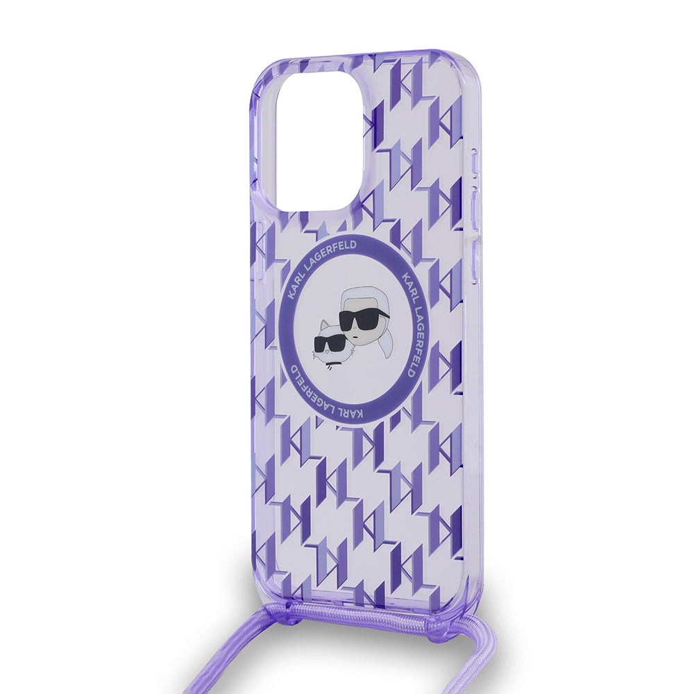 Husa MagSafe pentru Apple iPhone 15 Pro Max, Karl Lagerfeld, IML Crossbody Monogram Karl & Choupette's Heads, Mov