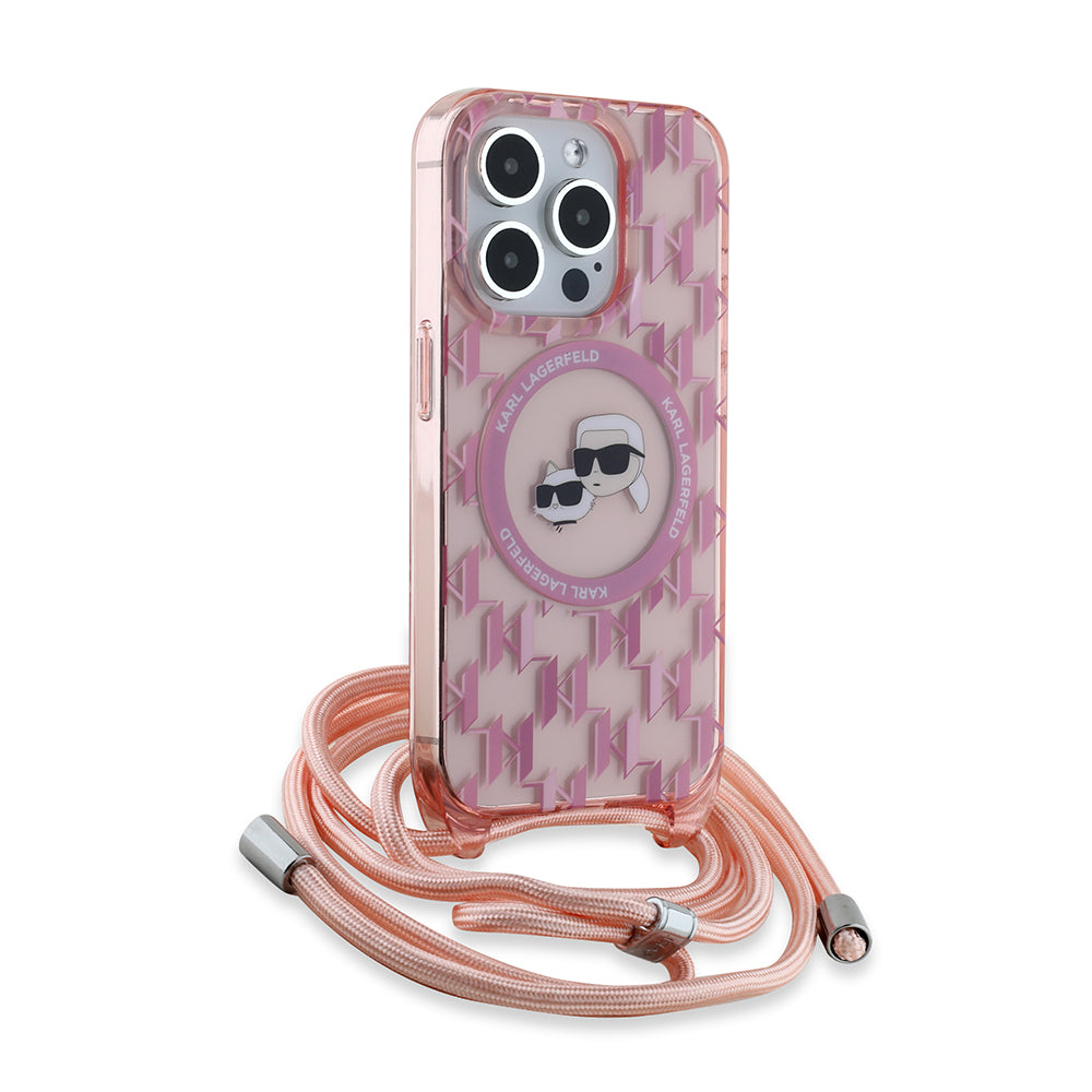 Husa MagSafe pentru Apple iPhone 15 Pro Max, Karl Lagerfeld, IML Crossbody Monogram Karl & Choupette's Heads, Roz