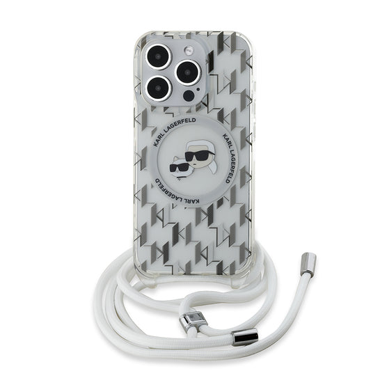 Husa MagSafe pentru Apple iPhone 15 Pro Max, Karl Lagerfeld, IML Crossbody Monogram Karl & Choupette's Heads, Transparenta