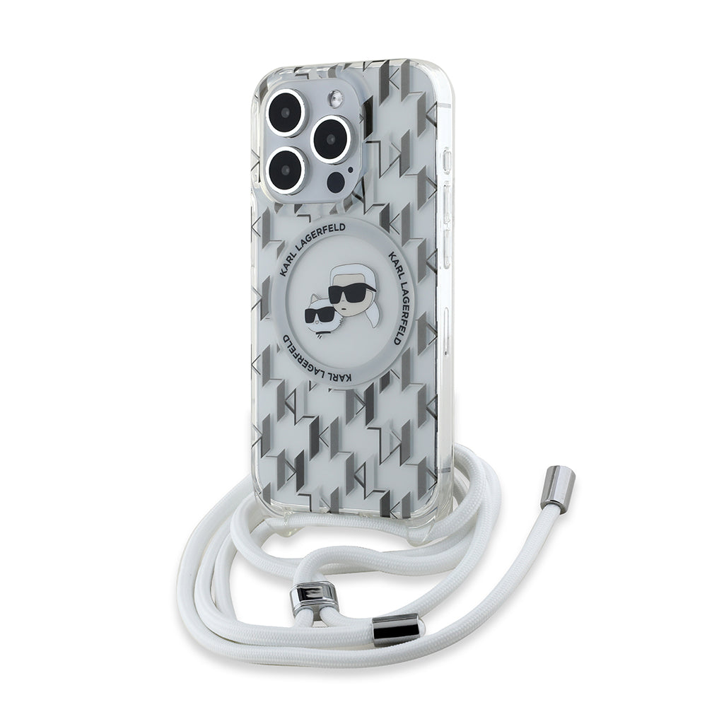 Husa MagSafe pentru Apple iPhone 15 Pro Max, Karl Lagerfeld, IML Crossbody Monogram Karl & Choupette's Heads, Transparenta